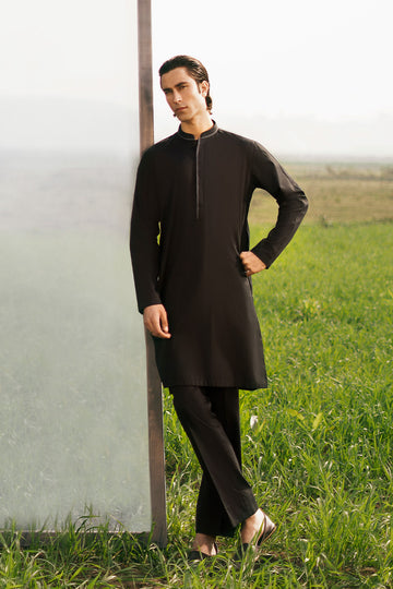 Elegant designer kurta pajama with modern kurta design for men in black, perfect for weddings and formal occasions.